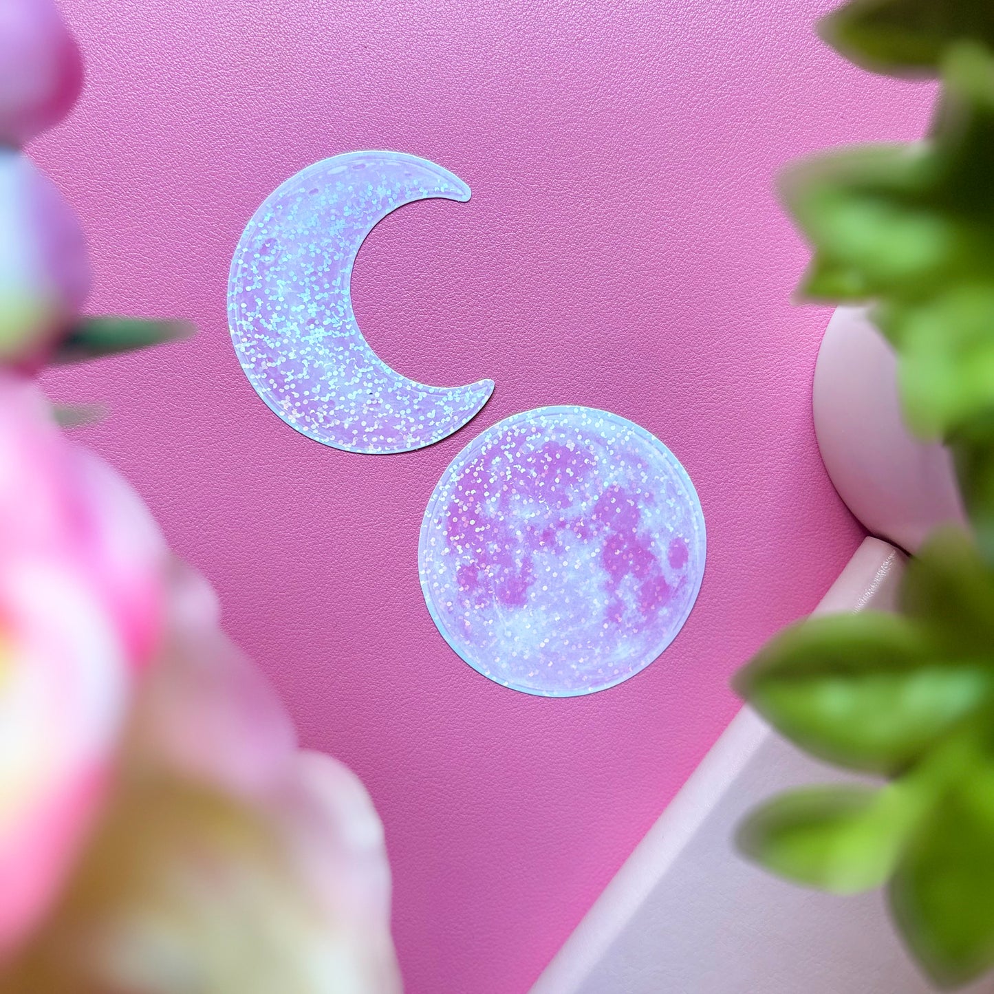 Pink Glitter Moon Sticker Set | Celestial Crescent & Full Moon Vinyl Stickers