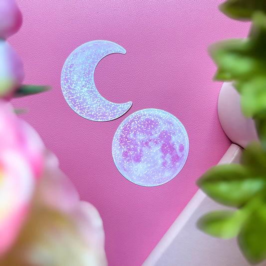 Pink Glitter Moon Sticker Set | Celestial Crescent & Full Moon Vinyl Stickers